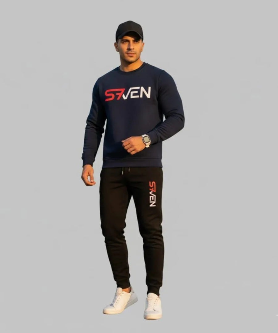 Men’s Winter Fleece Tracksuit – Blue Sweatshirt & Black Trousers